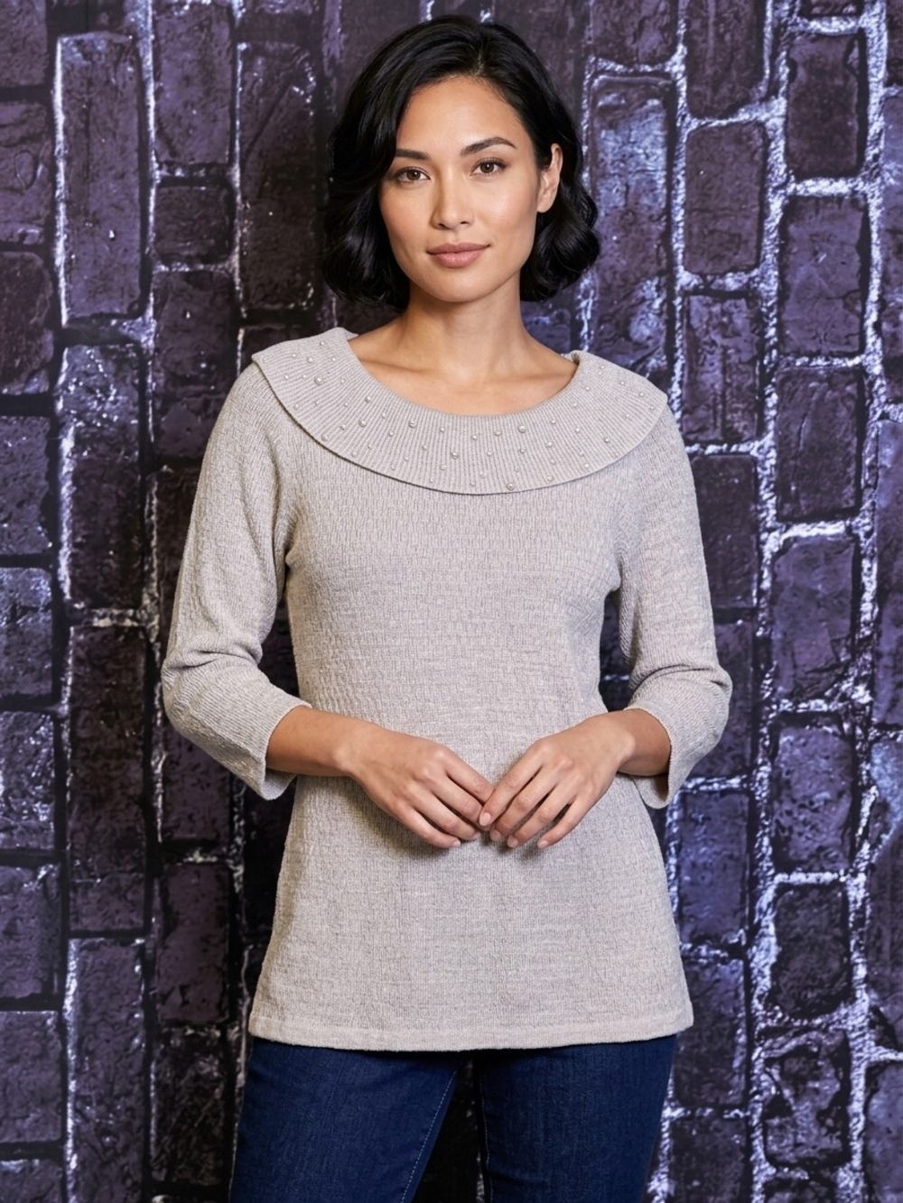 Briggs New York Pearl-Trim Scoop Neck Sweater - Cozy Gray Size L